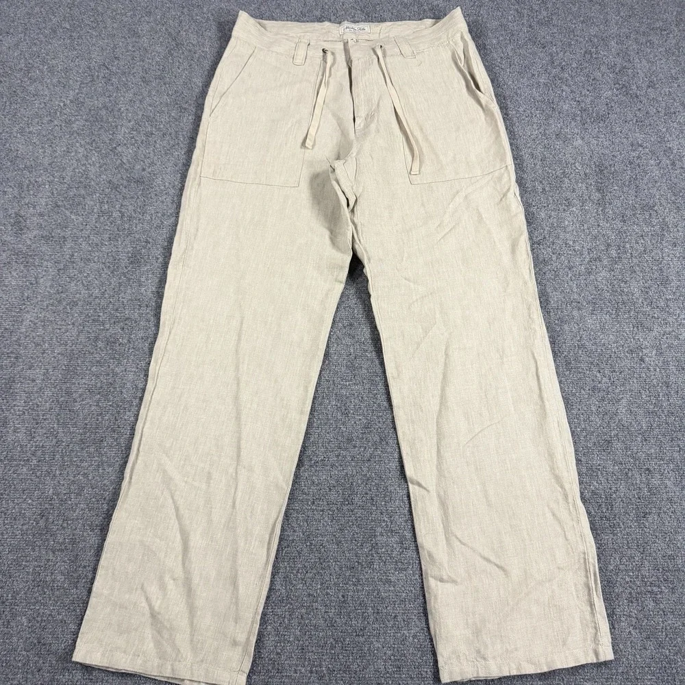 Madda Fella Linen Pants Mens Medium Beige Drawstring Beach Tropical Resort